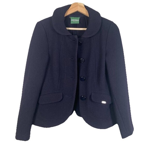 GEIGER Sweater Womens 34 Navy Blue New Wool Button Up Peter Pan Collar Austria - Picture 1 of 9